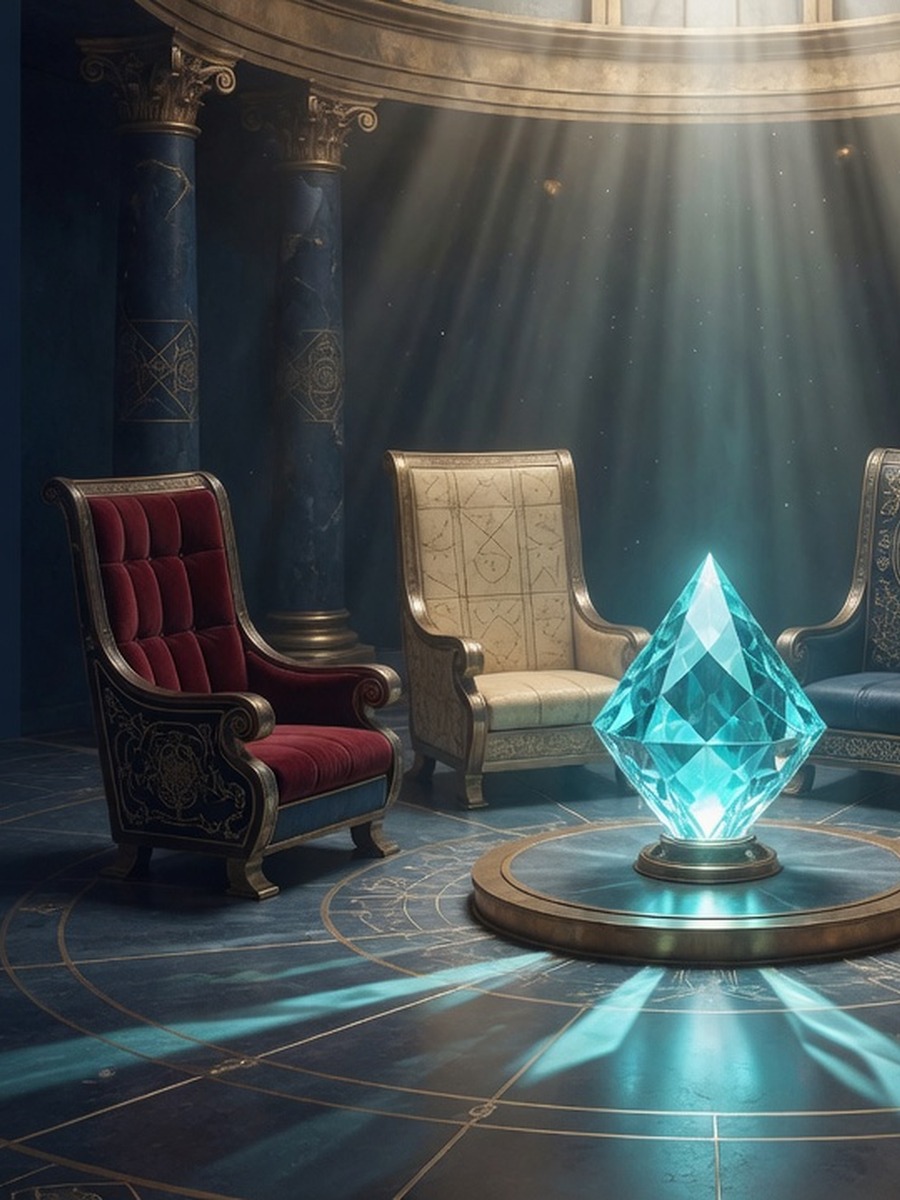 Conceptual illustration of four empty seats around a cyan civic core